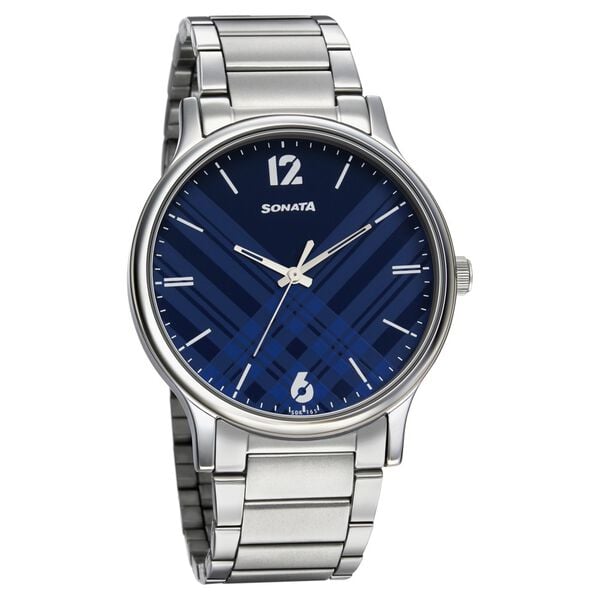 Sonata Men's Watch Analog Blue Dial With Stainless Steel Band, 77105SM01