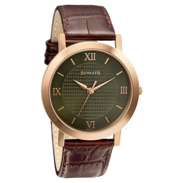 Sonata Men's Watch Analog Green With Brown Leather Strap, 77108WL01