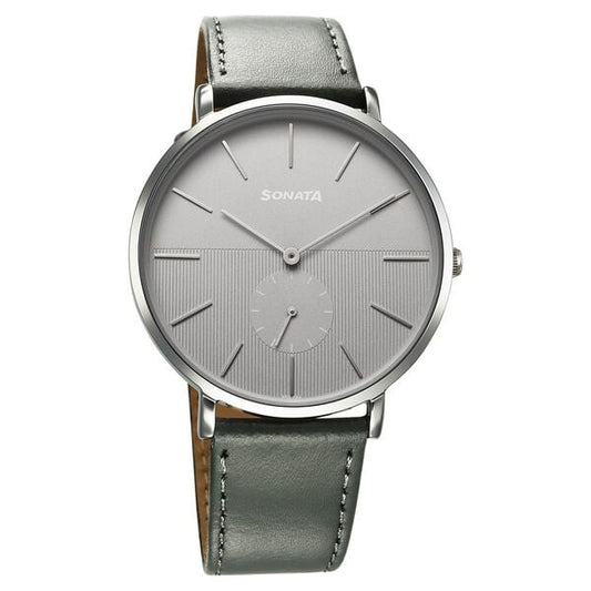 Sonata, Men, Analog, Watch, Grey Dial, Leather Strap, 77150SL08