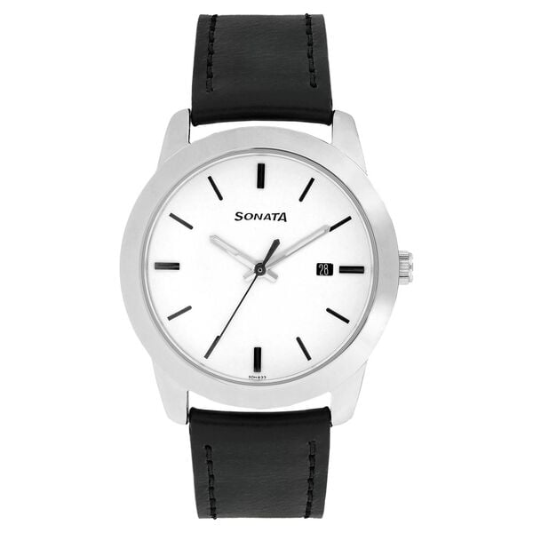 Sonata Men's Watch Analog White Dial With Black Leather Strap, 7924SL12