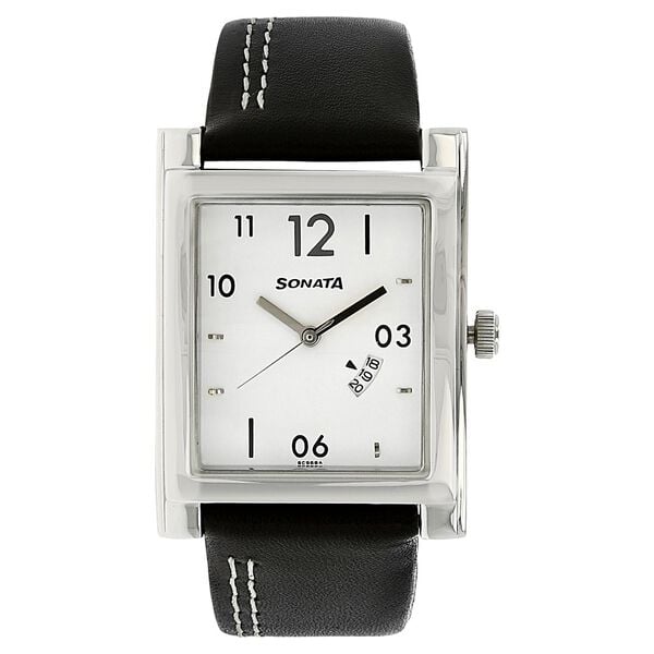 Sonata Men's Watch Analog White Dial With Black Leather Strap, 7925SL07