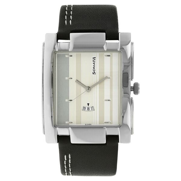 Sonata Men's Watch Analog Silver Dial With Black Leather Strap, 7946SL02