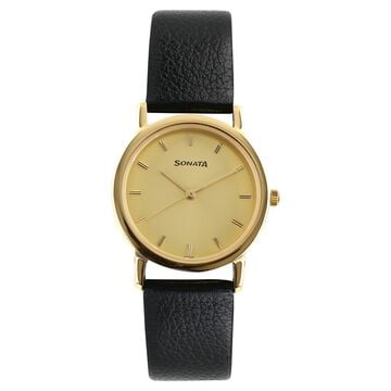 Sonata Men's Watch Analog Champagne Dial With Black Leather Strap, 1141YL08