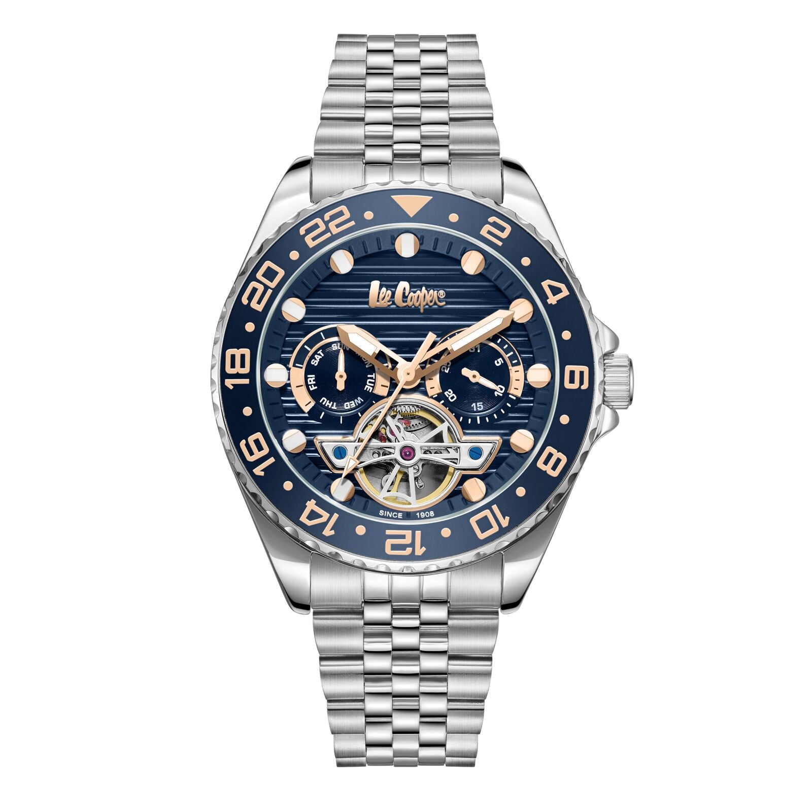 Lee Cooper Men's Automatic Watch Analog Blue Dial with Silver Stainless Steel Band, LC08192.390