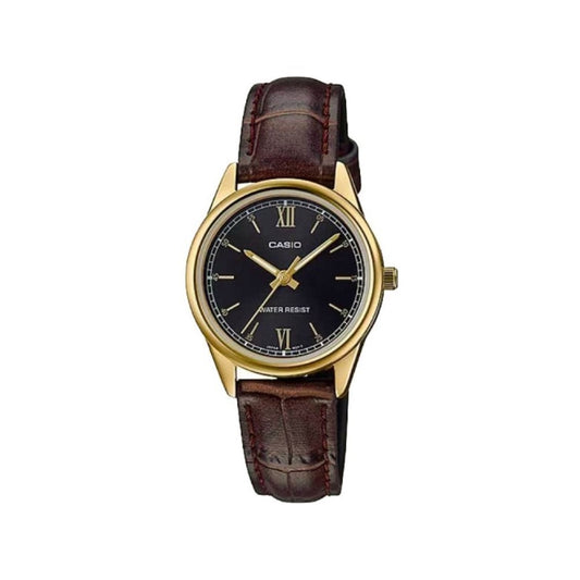 Casio Women's Watch Analog, Black Dial Brown Leather Strap, LTP-V005GL-1B2U