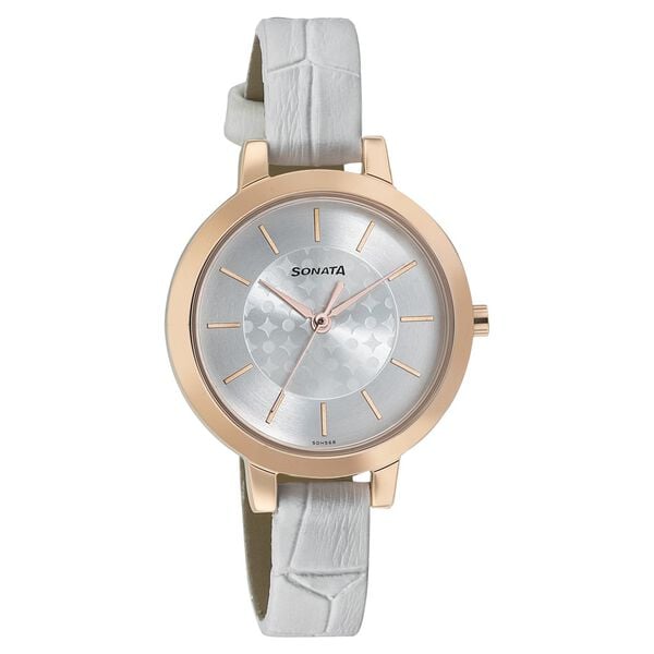 Sonata Women's Watch Analog Silver Dial With White Leather Strap, 8141WL01