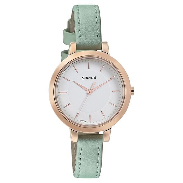 Sonata Women's Watch Analog White Dial With Green Leather Strap, 8141WL02
