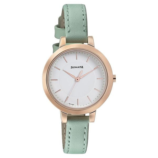 Sonata, Women, Analog, Watch, White Dial, Leather Strap, 8141WL02