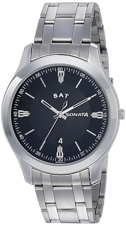Sonata Men's Watch Analog Black Dial With Stainless Steel Band, 77063SM01