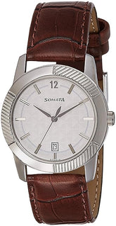Sonata Men's Watch Analog Silver Dial With Brown Leather Strap, 7100SL02