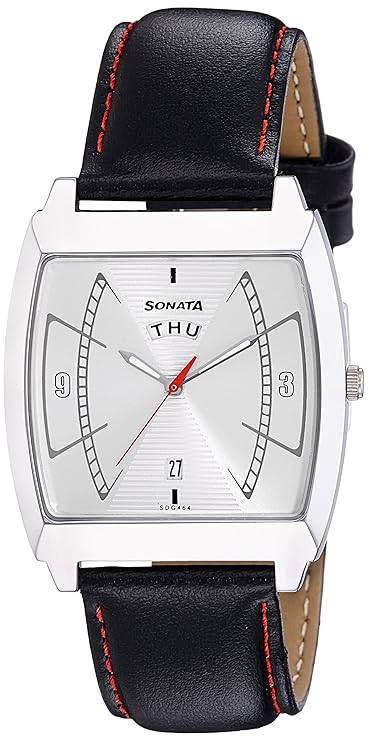 Sonata Men's Watch Analog Silver Dial With Black Leather Strap, 77064SL01
