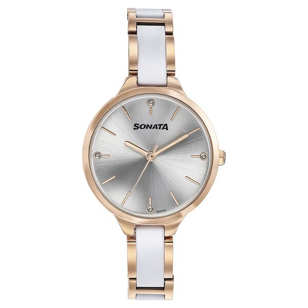 Sonata Women's Watch Analog Silver Dial with White/Gold Stainless Steel Band ,87065KD02