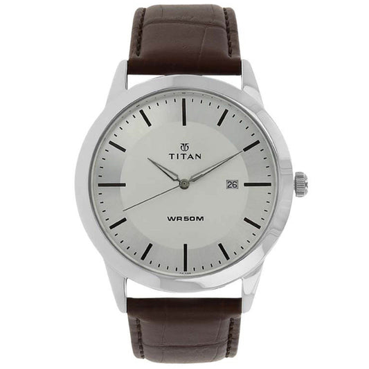 Titan, Men, Analog, Watch, Silver Dial, Leather Strap, 1584SL03
