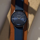 Titan Classique Slimline Men's Watch Analog Blue Dial Blue Leather Strap, 90142NL01