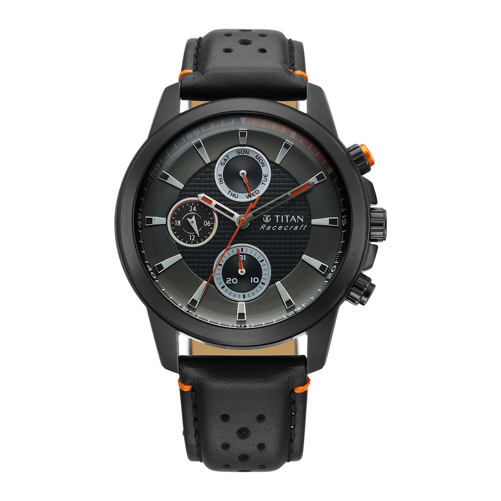 Titan Racecraft Men's Watch Analog Black Dial with Black Leather Strap, 90152KL02