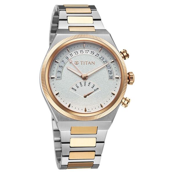 Titan Micromotors Analog Men's Watch with Retrograde Day and Date and Silver Dial Dual Tone with Pink Stainless Steel Strap, 90180KM01