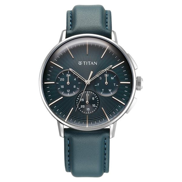 Titan Light Leathers Men's Multifunction Watch Blue Dial with Blue Leather Strap, 90200SL03