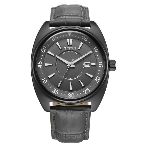 Titan Tonneau Analog Men's watch with Date and Grey Dial and Grey Leather Strap, 90211QL02