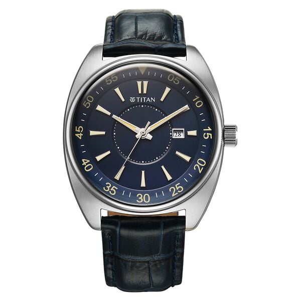 Titan Tonneau Analog Men's Watch with Date and Blue Dial and Blue Leather Strap, 90211SL01