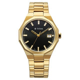 Titan Regalia Men's Analog Watch Black Dial With Golden Stainless Steel Band , 90212YM01
