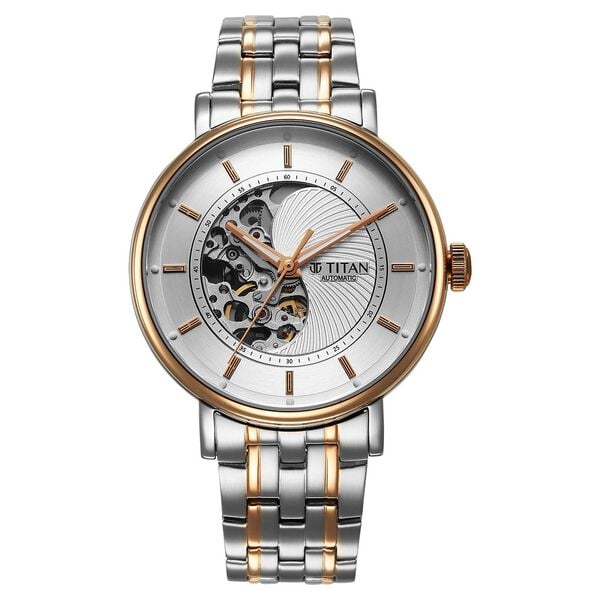 Titan Yin Yang Skeletal Men's Automatic Watch Silver Dial With Two Tone Stainless Steel Band, 90222KM01