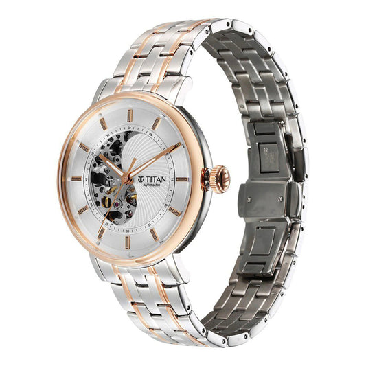 Titan Yin Yang Skeletal Men's Automatic Watch Silver Dial With Two Tone Stainless Steel Band, 90222KM01