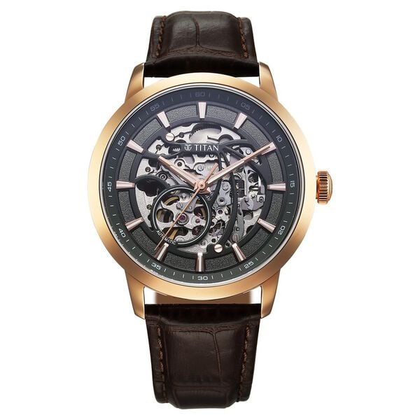 Titan Phoenix Skeletal Men's Automatic Analog with Gun Dial Brown Leather Strap Watch 90223WL01