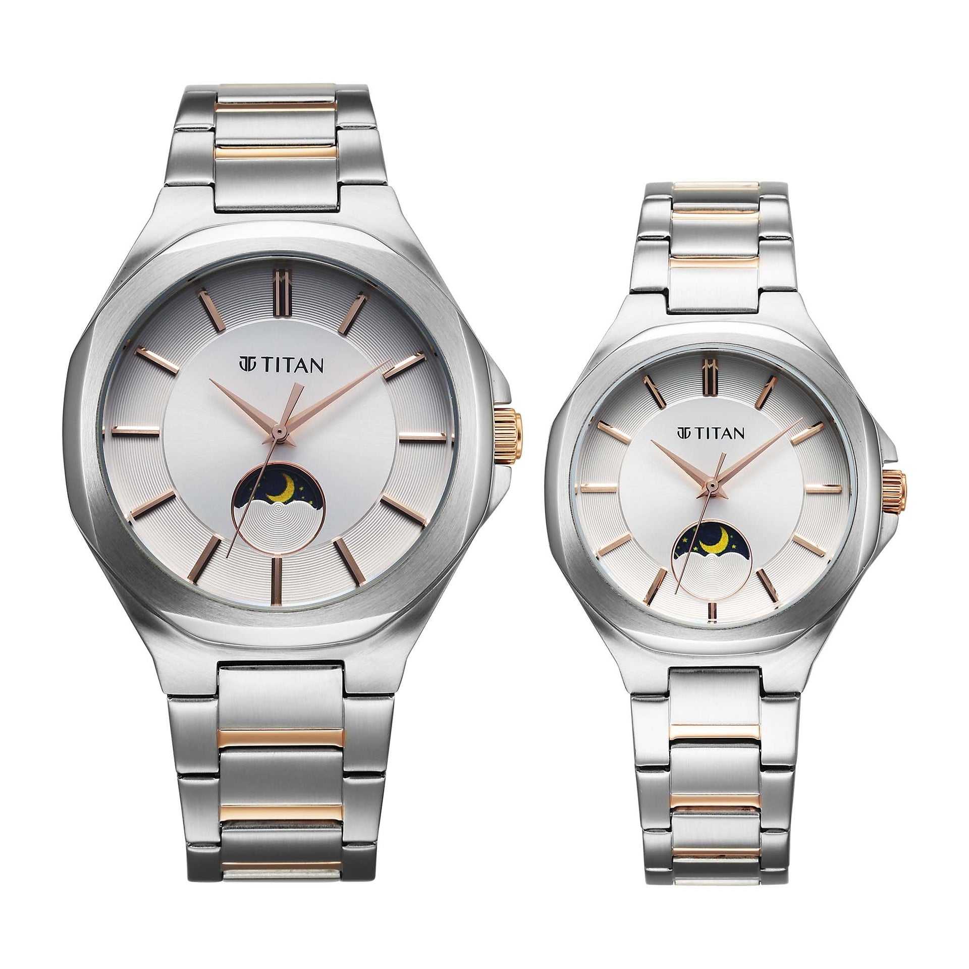 Titan Bandhan Couple Watch Analog Sun-Moon Silver Dial Two Toned Stainless Steel Band, 94009KM01P
