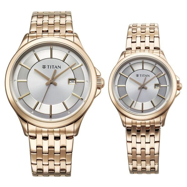 Titan Bandhan Couple Watch Analog with Silver Dial Rose Gold Stainless Steel Band, 94011WM01P