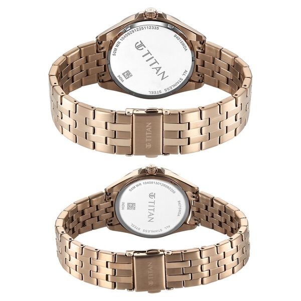 Titan Modern Pair Unisex Quartz Analog Couple Watch Set, Rose Gold11 Dial, Gold Stainless Steel Strap - product image 3