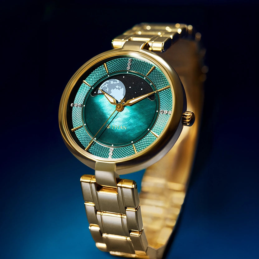 Titan Women's Stellar Moon Phase Watch Green Dial With Gold Stainless Steel Band, 95086YM01