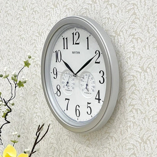 Rhythm Value Added Wall Clock | Analog Thermometer & Hygrometer, Silent Silky Move | Silver, 8MGA26WR19 Rhythm Wall Clock 8MGA26WR19