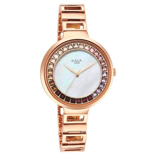 Titan Raga Women's Analog Watch Mother Of Pearl Dial With Rose Gold Stainless Steel Band, 95150WM01