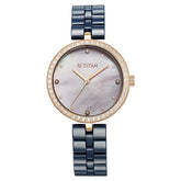 Titan Purple Women's Watch Analog Mother of Pearl Dial with Blue Ceramic Band, 95215KC03