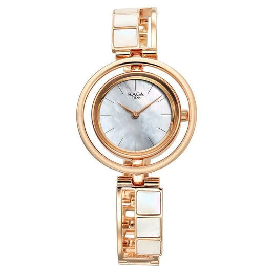 Titan Raga Power Pearls Women's Watch Analog Mother Of Pearl Dial With Rose Gold Stainless Steel Band , 95232WM01