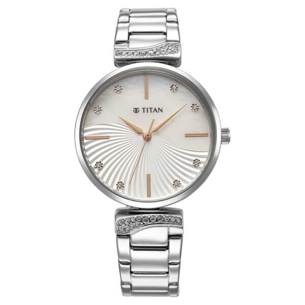 Titan Purple Women's Watch Analog Mother of Pearl Dial with Silver Stainless Steel Band, 95237SM01