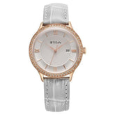 Titan Bright Leathers Women's Watch Analog Silver Dial with Silver Leather Strap, 95247WL03