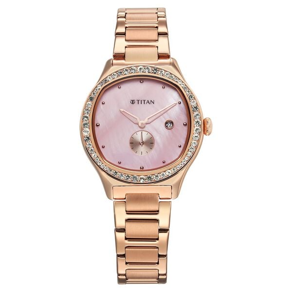 Titan Glamour Women's Analog Watch Mother Of Pearl Dial With Rose Gold Stainless Steel Band, 95289WM01