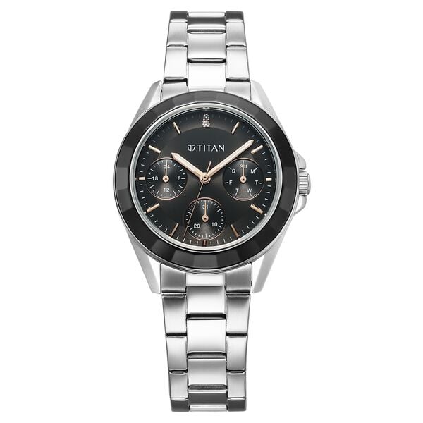 Titan Glamour Quartz Multifunction Analog Women's watch with Black Dial and Silver Stainless Steel Strap, 95315KM01
