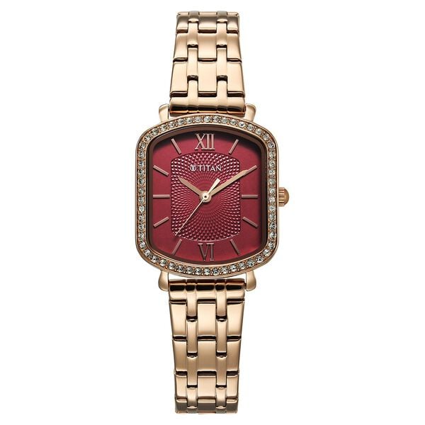Titan Purple Metro Quartz Analog Women's Watch with Red Dial and Rose Gold Plated Stainless Steel Strap, 95323WM01