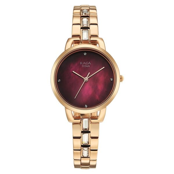 Titan Raga Glimmers Quartz Analog Women's Watch with Red Mother of Pearl Dial and Rose Gold Metal Strap, 95327WM01
