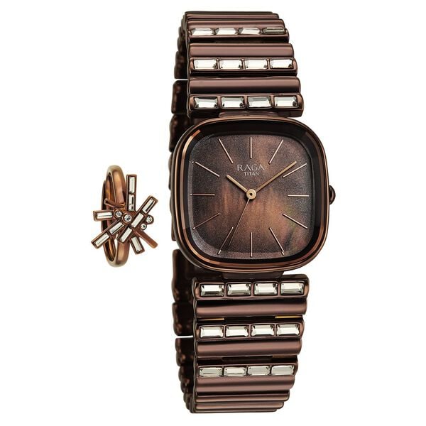 Titan Raga Glimmers Quartz Analog Women's watch with Brown Mother Of Pearl Dial and Brown Metal Strap, 95339QM01