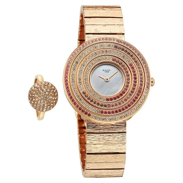Titan Raga Glimmers Quartz Analog Women's Watch with Mother of Pearl Dial and Rose Gold Metal Strap, 95344WM01