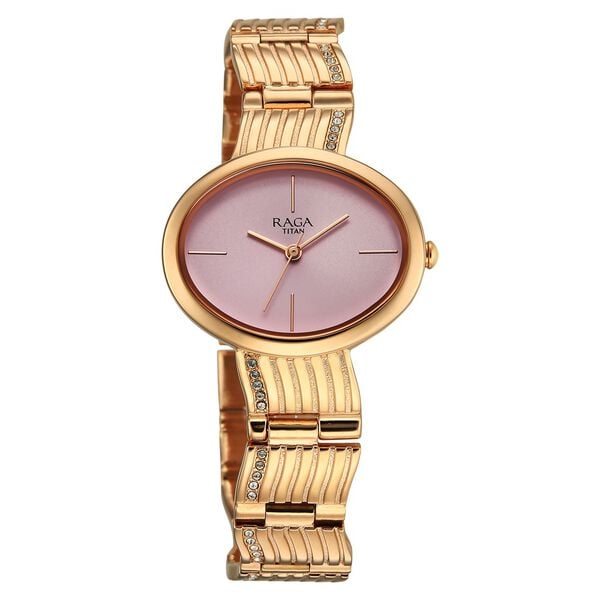 Titan Raga Glimmers Quartz Analog Women's Watch with Pink Dial and Rose Gold Metal Strap, 95362WM01