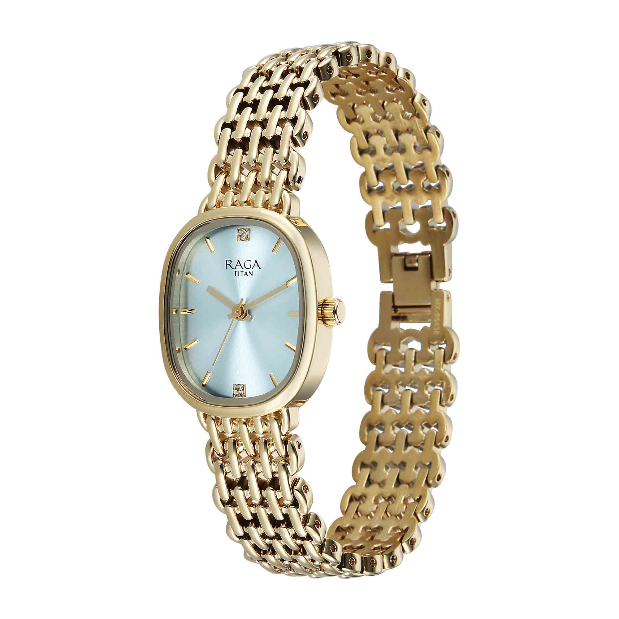 Titan Raga Spotlight Women's Quartz Analog Watch, Tiffany Blue Dial, Gold Metal Strap, TI- - view 3