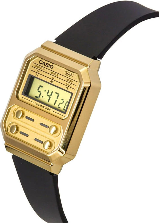 Casio, Unisex Watch Digital, Gold Dial Black Rubber Band, A100WEFG-9AD