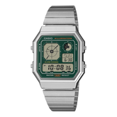 Casio Unisex Watch Analog Digital Green Dial with Silver Stainless Steel Strap, A130WE-3ADF