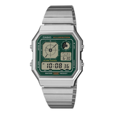 Casio Unisex Watch Analog Digital Green Dial with Silver Stainless Steel Strap, A130WE-3ADF