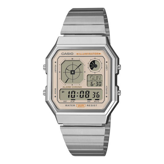 Casio Unisex Watch Analog Digital Cream Dial with Gold Stainless Steel Strap, A130WE-9ADF