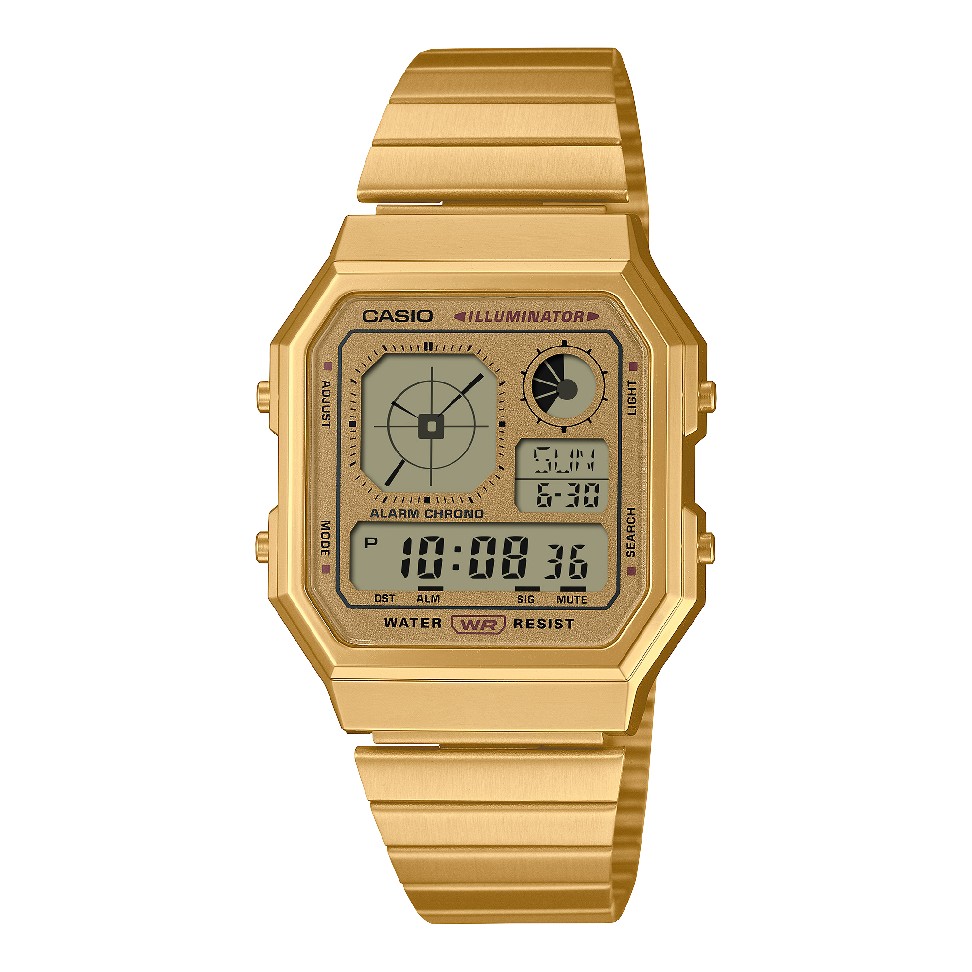 Casio Men's Watch Digital Gold Dial with Gold Stainless Steel Band, A130WEG-9ADF